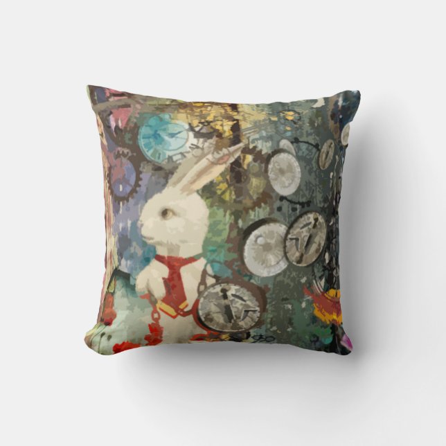 Cute steampunk Alice Wonderland white rabbit Throw Pillow (Front)