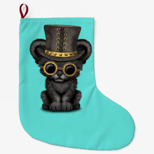 Cute Steampunk Black Panther Cub Large Christmas Stocking