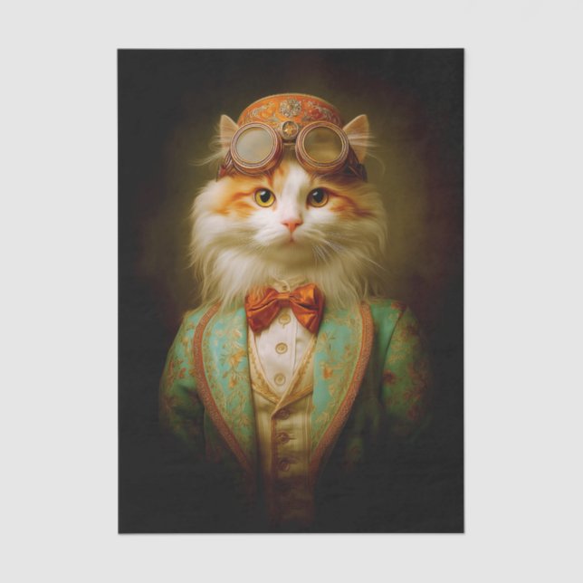 Cute Steampunk Cat in Teal Jacket ER8 Decoupage Tissue Paper (Front)