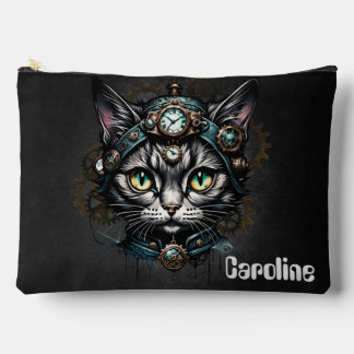 Cute steampunk cat with clocks and gears. accessory pouch