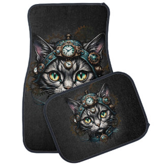 Cute steampunk cat with clocks and gears. car floor mat