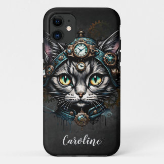 Cute steampunk cat with clocks and gears. iPhone 11 case