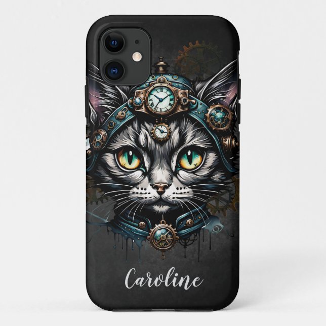 Cute steampunk cat with clocks and gears.  Case-Mate iPhone case (Back)
