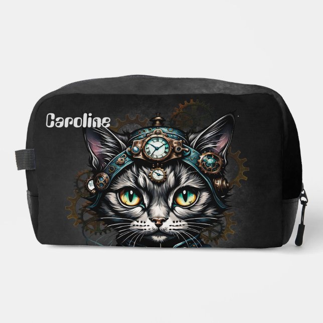 Cute steampunk cat with clocks and gears.  dopp kit (Front)