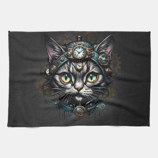 Cute steampunk cat with clocks and gears. kitchen towel