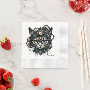 Cute steampunk cat with clocks and gears.  napkins