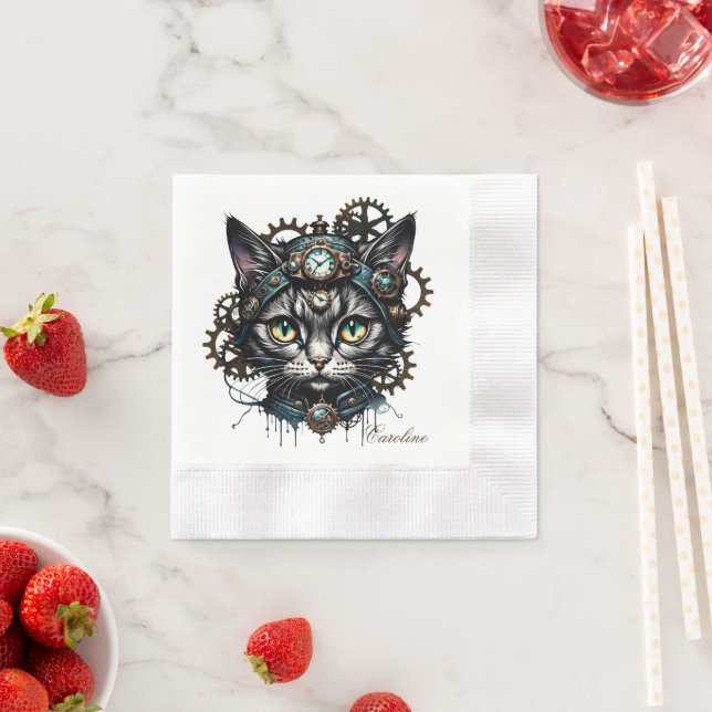 Cute steampunk cat with clocks and gears.  napkins (Insitu)