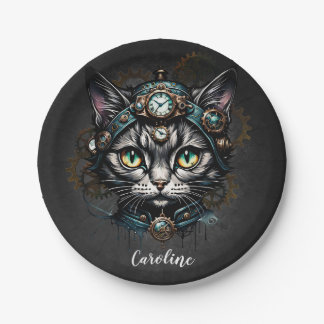 Cute steampunk cat with clocks and gears. paper plates