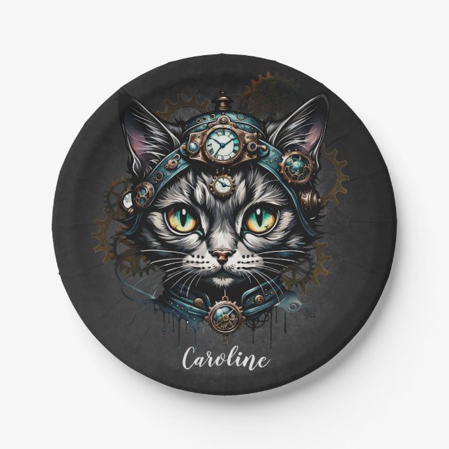 Cute steampunk cat with clocks and gears.  paper plates (Front)
