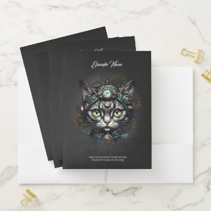 Cute steampunk cat with clocks and gears.  pocket folder
