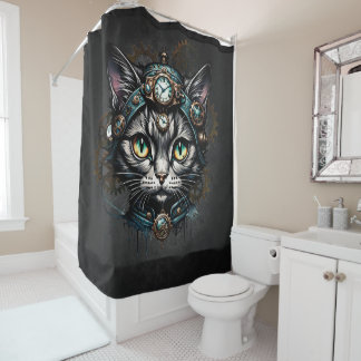 Cute steampunk cat with clocks and gears. shower curtain