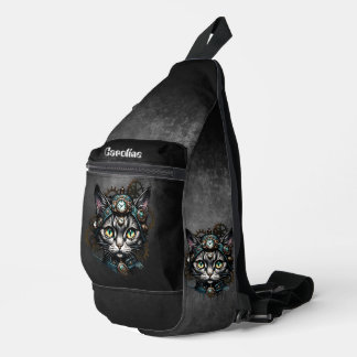 Cute steampunk cat with clocks and gears. sling bag
