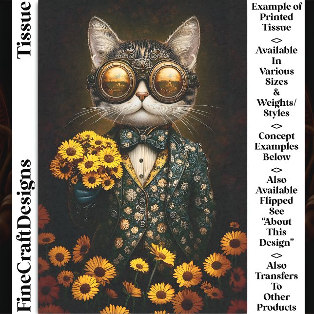 Cute Steampunk Cat, Yellow Flowers CY9L Decoupage Tissue Paper (Creator Uploaded)