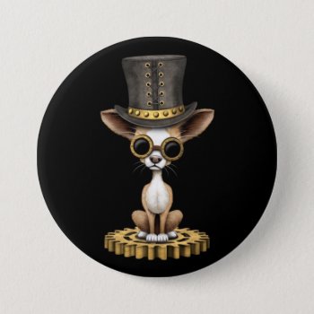 Cute Steampunk Chihuahua Puppy Dog  Black Pinback Button by crazycreatures at Zazzle