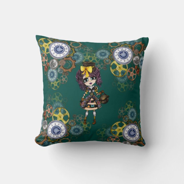 Cute Steampunk Girl Pinky Kawaii Chibi by LeahG Throw Pillow (Front)