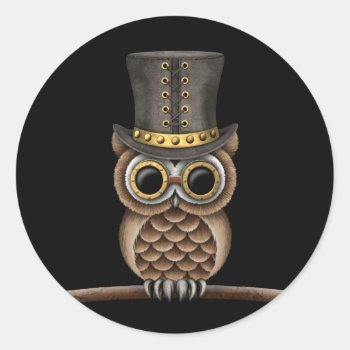 Cute Steampunk Owl On A Branch On Black Classic Round Sticker by crazycreatures at Zazzle