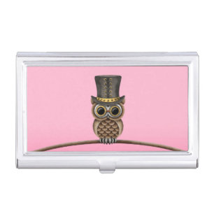 Cute Steampunk Owl on a Branch on Pink Business Card Case