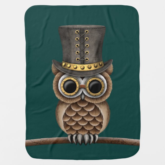 Cute Steampunk Owl on a Branch on Teal Blue Stroller Blanket (Front)