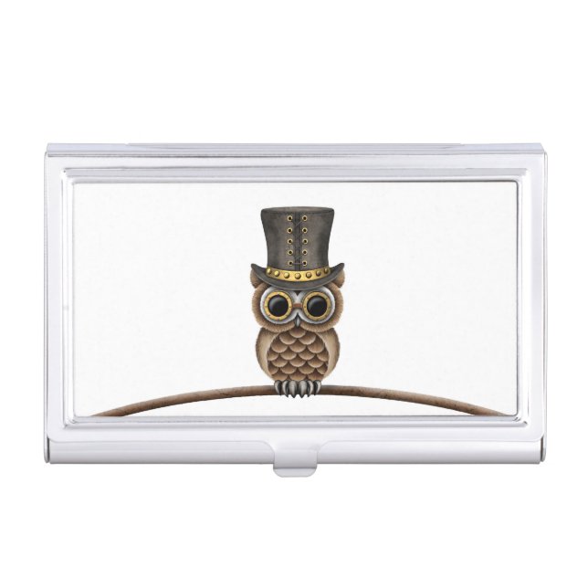 Cute Steampunk Owl on a Branch on White Business Card Case (Front)
