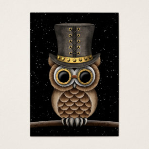 Cute Steampunk Owl on a Branch with Stars