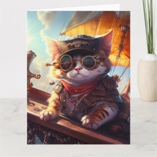 Cute Steampunk Pirate Cat Card
