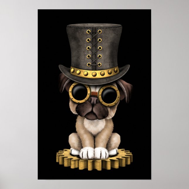 Cute Steampunk Pug Puppy Dog, black Poster (Front)