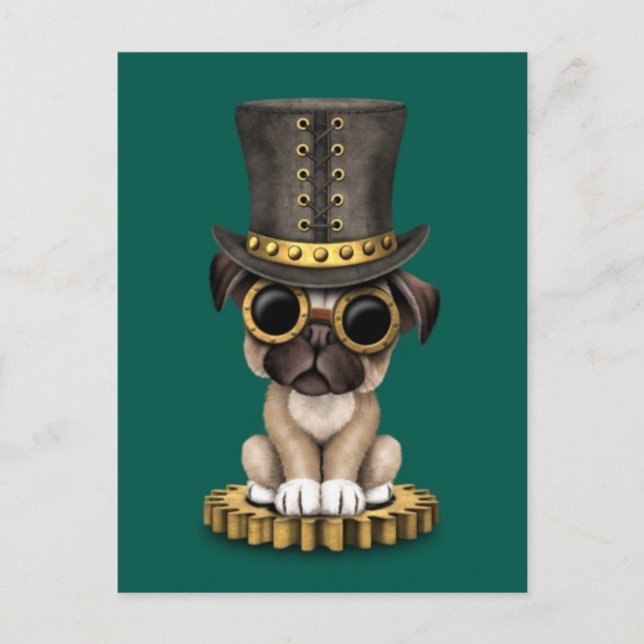 Cute Steampunk Pug Puppy Dog, teal Postcard (Front)