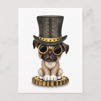 Cute Steampunk Pug Puppy Dog  White Postcard by crazycreatures at Zazzle
