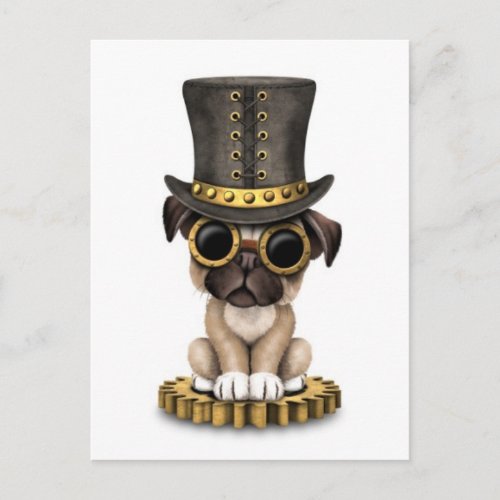 Cute Steampunk Pug Puppy Dog white Postcard