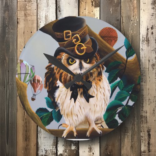 Cute Steampunk Top Hat Owl Round Clock