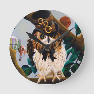 Cute Steampunk Top Hat Owl Round Clock