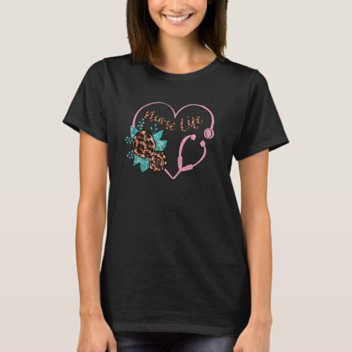 Cute Stethoscope Heart For Women And Leopard Nurse T_Shirt