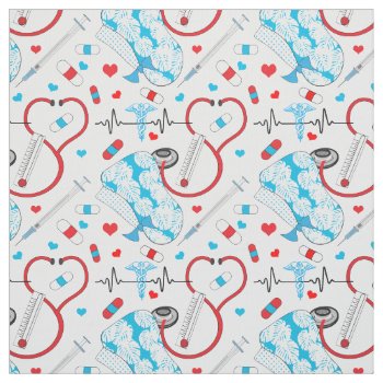 Cute Stethoscope Nurse | Doctor Ekg Pattern Fabric by hhbusiness at Zazzle