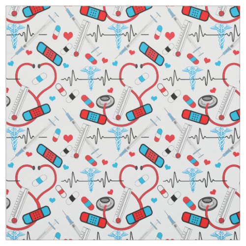 Cute Stethoscope Nurse  Doctor EKG Pattern Fabric