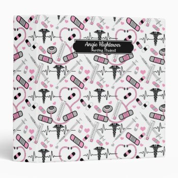 Cute Stethoscope Nurse | Doctor Ekg Pattern Name 3 Ring Binder by hhbusiness at Zazzle