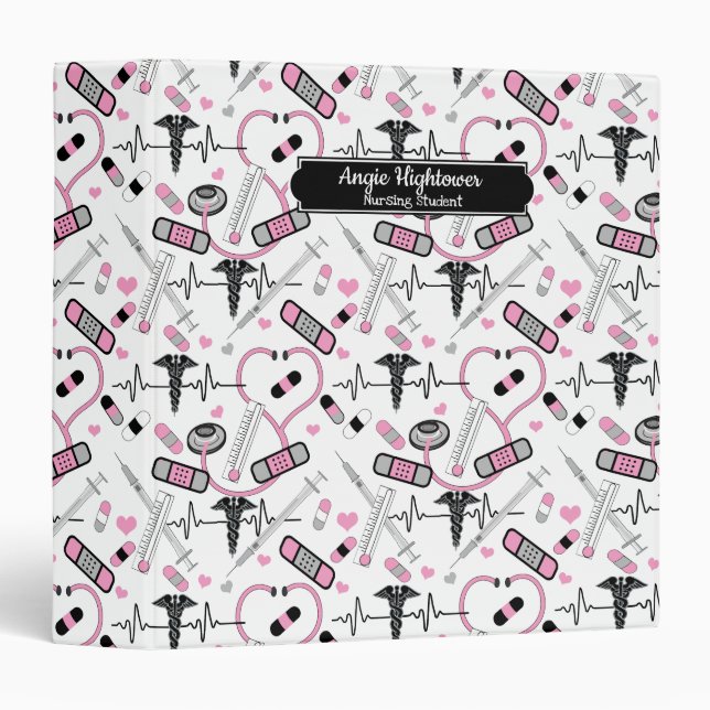 Cute Stethoscope Nurse | Doctor EKG Pattern Name 3 Ring Binder (Front/Spine)