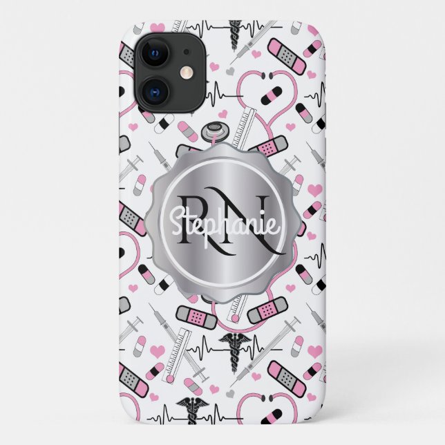 Cute Stethoscope Nurse | Doctor EKG Pattern Name Case-Mate iPhone Case (Back)