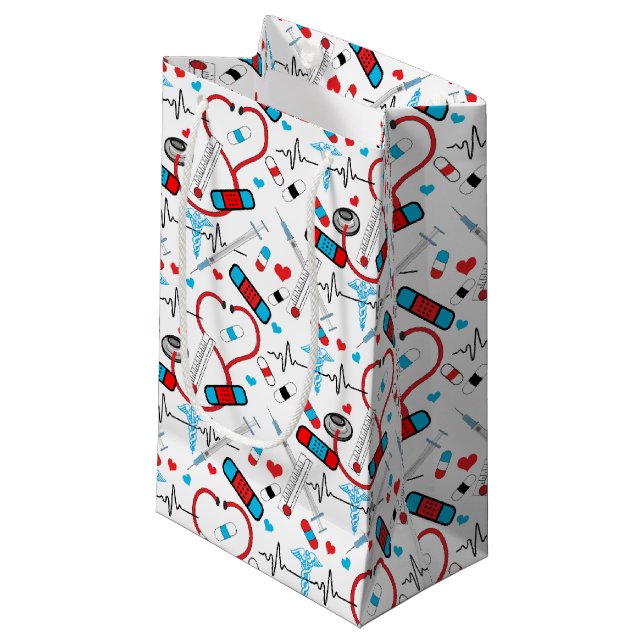 Cute Stethoscope Nurse | Doctor EKG Pattern Small Gift Bag (Front Angled)