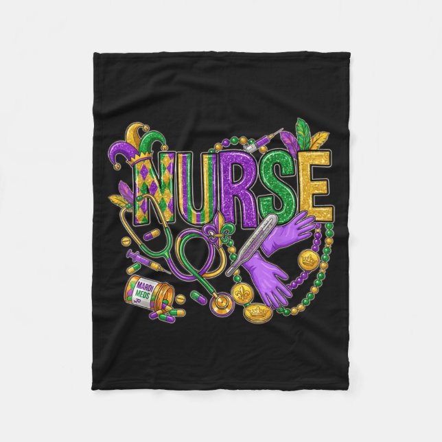 Cute Stethoscope Nurse Mardi Gras Fleur De Lis Bea Fleece Blanket (Front)