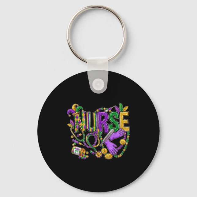 Cute Stethoscope Nurse Mardi Gras Fleur De Lis Bea Keychain (Front)