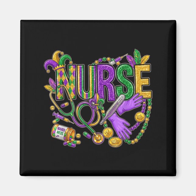 Cute Stethoscope Nurse Mardi Gras Fleur De Lis Bea Magnet (Front)
