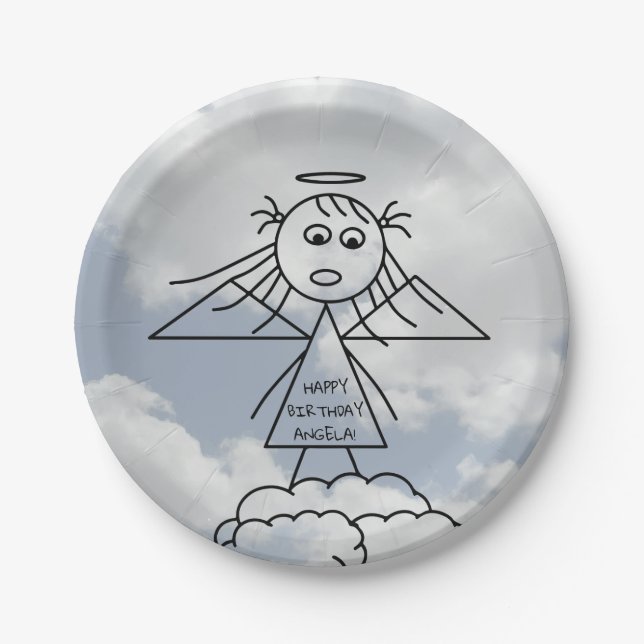 Cute Stick Angel on Clouds Personalized Birthday Paper Plates (Front)