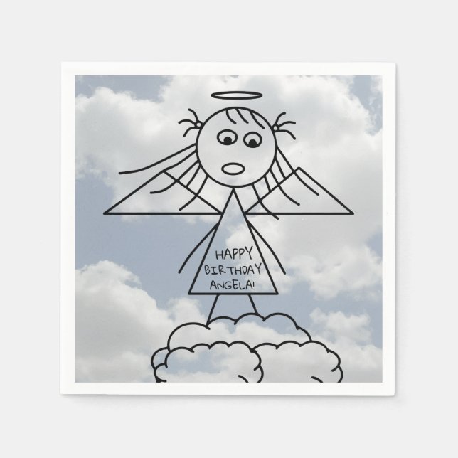 Cute Stick Figure Angel Girl on Clouds Birthday Paper Napkins (Front)