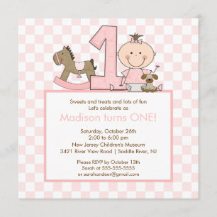 Cute Stick figure Girl 1st  Birthday Invitation