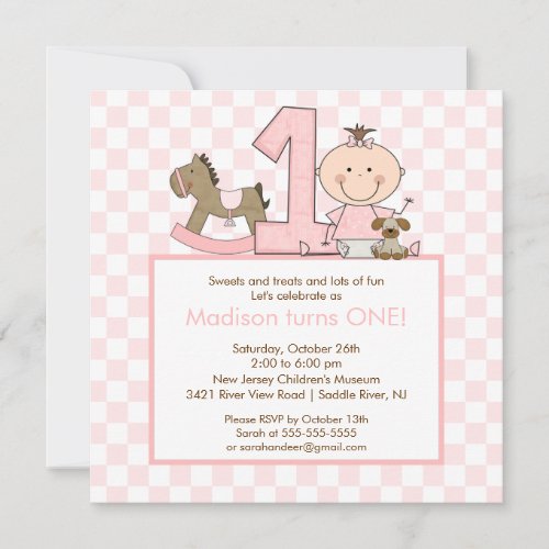 Cute Stick figure Girl 1st  Birthday Invitation