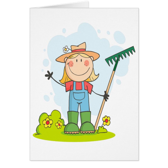 cute stick figure girl gardener farmer greeting cards