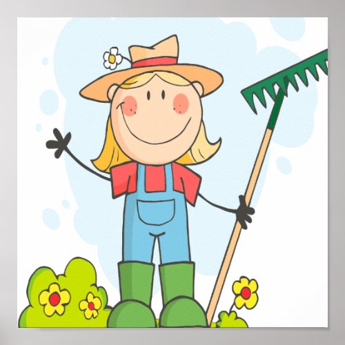 cute stick figure girl gardener farmer poster