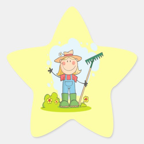 cute stick figure girl gardener farmer star sticker