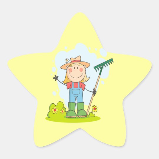 cute stick figure girl gardener farmer star sticker