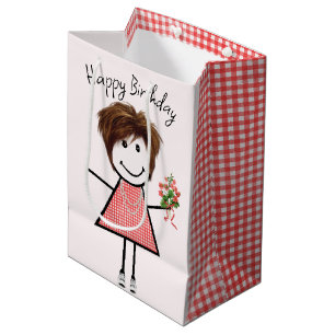 Cute Stick Figure Girl With Birthday Bouquet Medium Gift Bag
